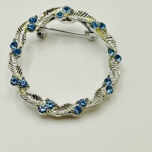 Silver and Blue Crystal Leaf Brooch